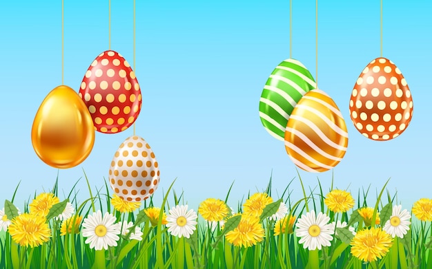 Easter colored eggs banner template. realistic shine decorated, painted eggs, colorful spring flowers chamomile, dandelions, blue sky