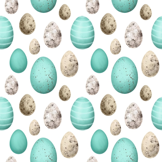 Illustrazione disegnata a mano del modello senza cuciture delle uova di quaglia e colorate di pasqua su fondo bianco