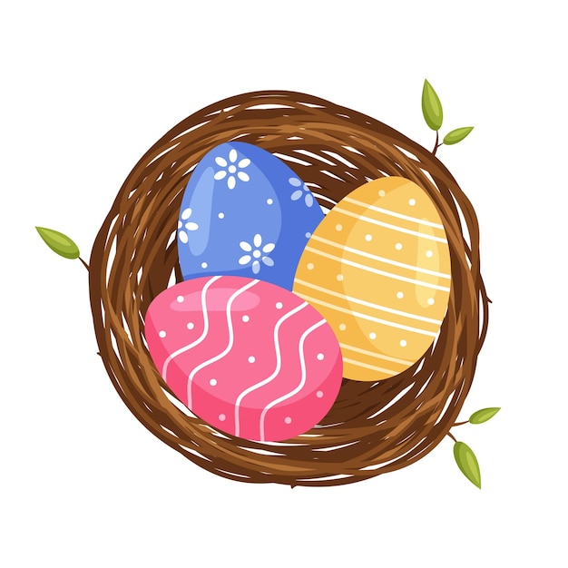 Пасхальные красочные украшенные яйца в птичьем гнезде в плоском мультяшном стиле