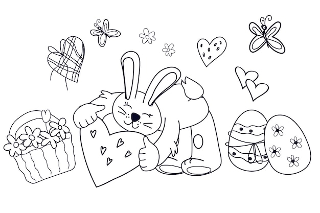 Easter coloring book page with cute rabbit or bunny eggs line vector isolated