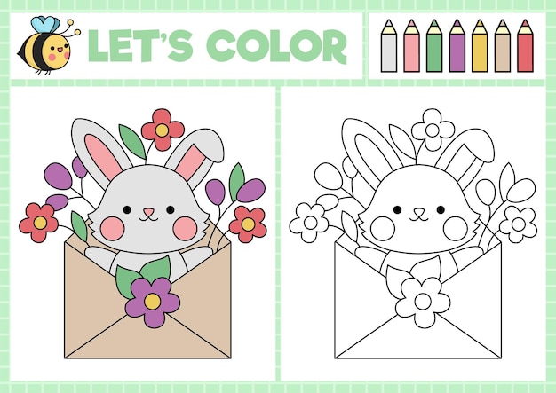 Easter coloring page for children with cute kawaii bunny in envelope with flowers