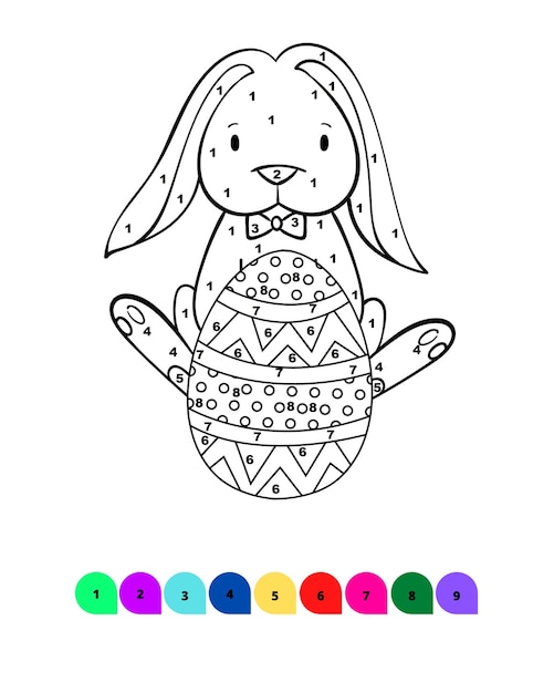 Vettore pagina da colorare di pasqua per bambini colora per numero disegno di pasqua