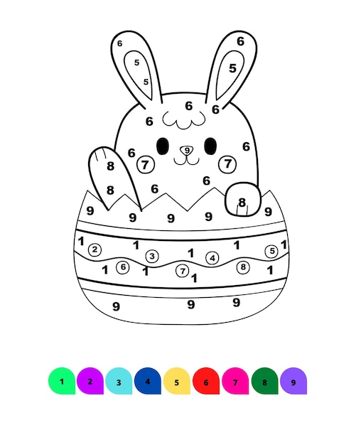 Vettore pagina da colorare di pasqua per bambini colora per numero disegno di pasqua