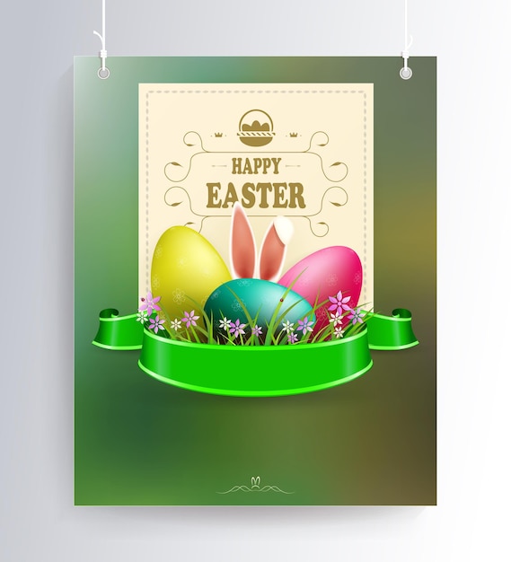 Vector easter composition in green with a silhouette of rabbit ears and eggs on pendants