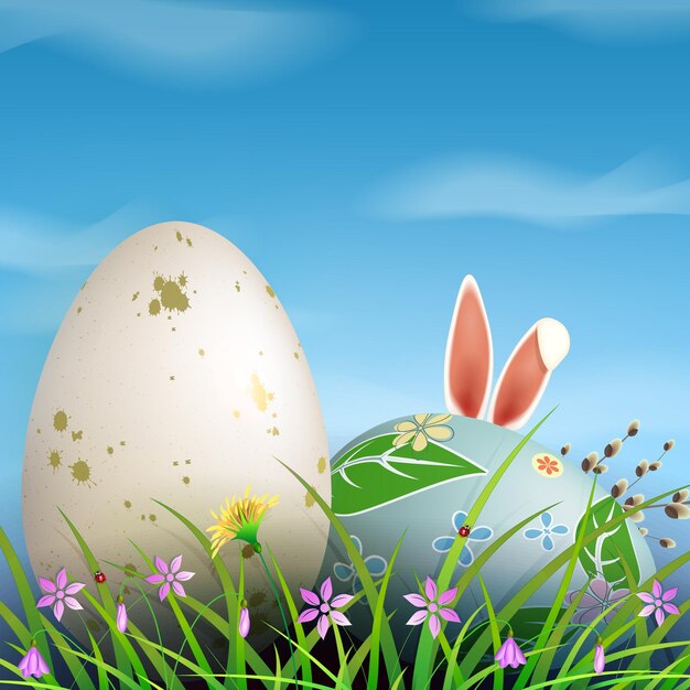 Easter composition with blue sky and white clouds, two eggs with rabbit ears, flowers and green grass.