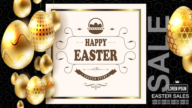 Easter composition with golden shiny eggs on pendants and a square frame with text postcard