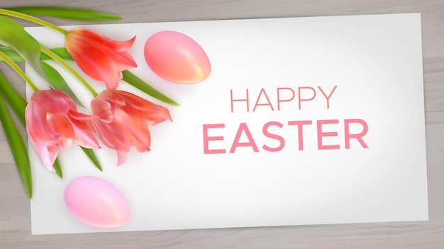 Vector easter composition with realistic pink tulips easter eggs on wood background