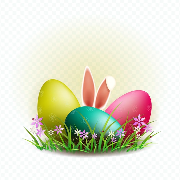 Vector easter composition with three eggs with a pattern bunny ears and grass with flowers design element