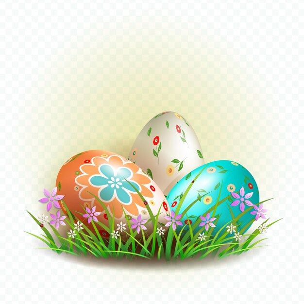 Easter composition with three eggs with a pattern grass with flowers design element