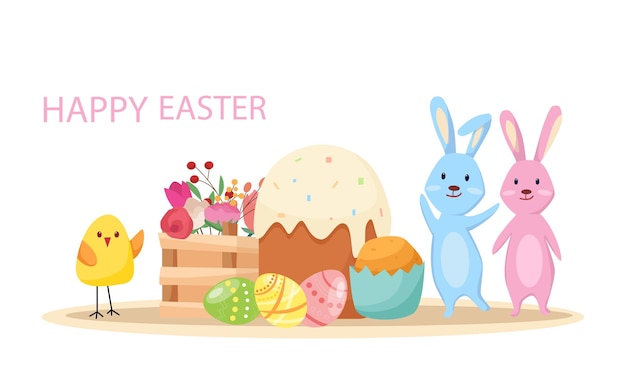 Easter concept Easter vector cartoon illustration with bunnies chick flowers and painted eggs