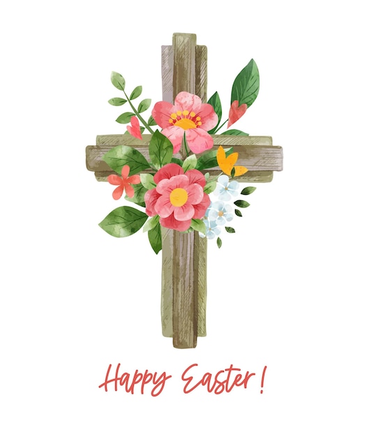 Easter cross with floral decoration. Hand drawn   watercolor illustration.