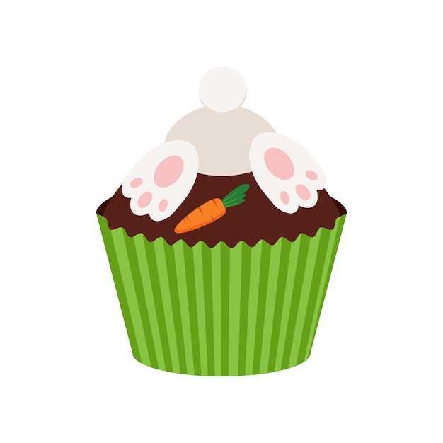 Vector easter cupcake with bunny booty and carrot isolated on white background cake sweets food muffin with bunny rabbit digging in the ground flat design cartoon style easter dessert vector illustration