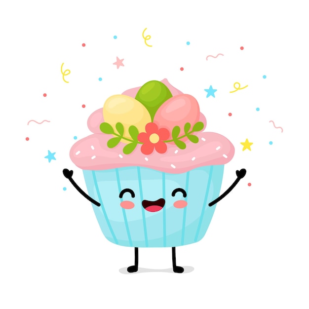 Vector easter cupcakes kawaii. cute illustration with cake for easter. cartoon