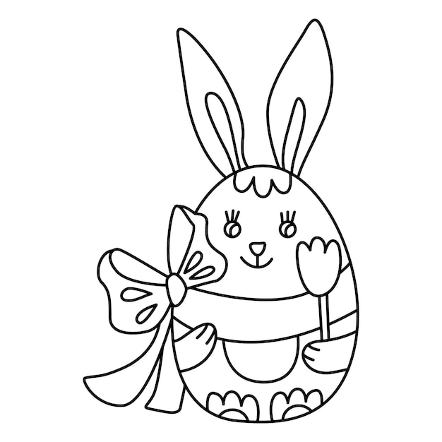 Пасхальное милое яйцо с ушами кролика или кролика, украшенное бантом и цветком тюльпана в стиле каракулей