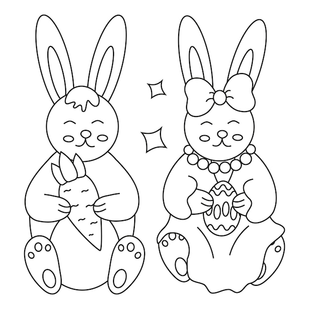 Easter cute hare rabbit boy and girl with egg and carrot Line art