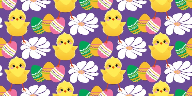 Easter cute pattern with chicken daisies eggs