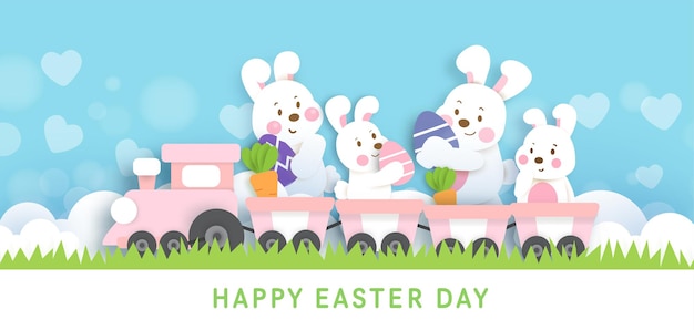 Easter day background and banner with  cute rabbits and easter eggs