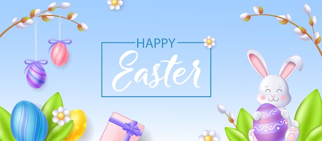 Easter day banner in 3d realistic modern design Colourful eggs with ornaments cute bunny