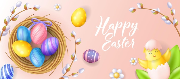Easter day banner in 3d realistic modern design Colourful eggs with ornaments in nest cute chicken