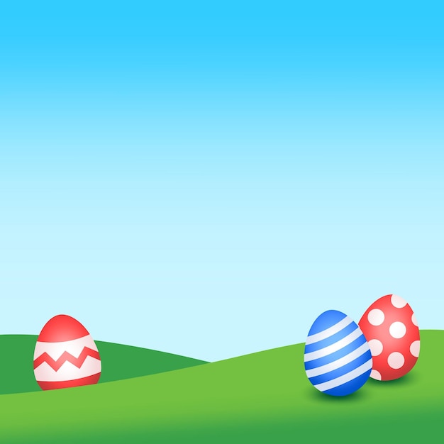 Vector easter day banner background template with easter eggs on grass field and light blue sky