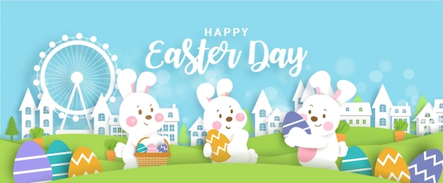 Easter day banner with  cute rabbits and easter eggs