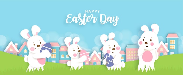 Banner di giorno di Pasqua con conigli carini e uova di Pasqua