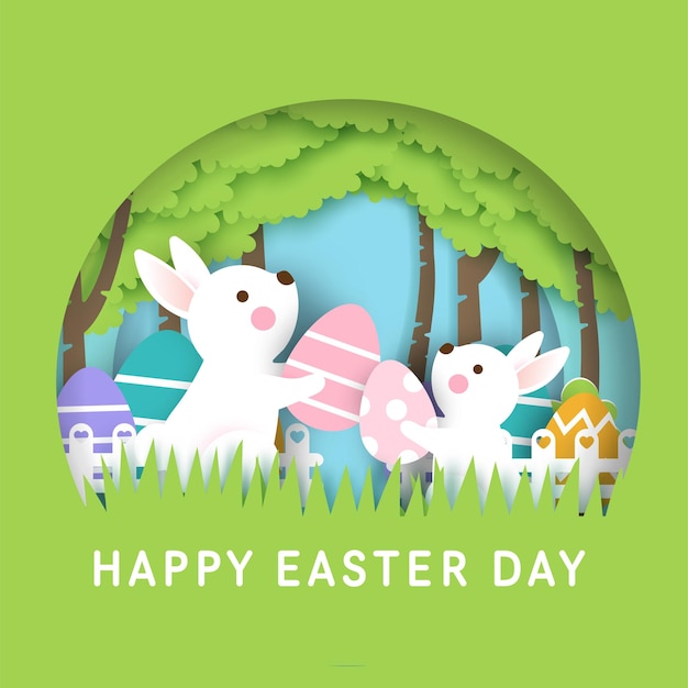 Easter day banner with  cute rabbits and easter eggs.