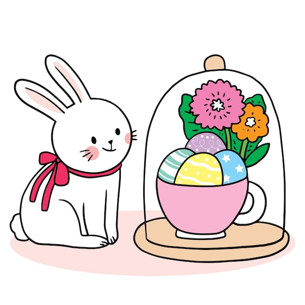 イースターの日の漫画のかわいいキャラクターの白いウサギと卵のベクトル。