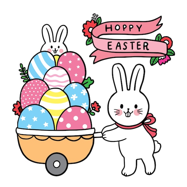 Easter day cartoon cute character white rabbit and egg vector.