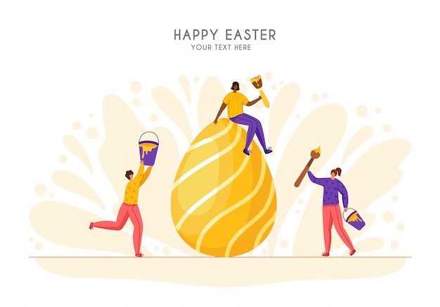 День Пасхи - люди украшают гигантские пасхальные яйца, крошечные мужчина и женщина