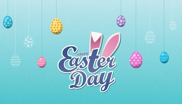 Giorno di pasqua poster banner con happy easrter day tipografia logo mnemonico e clipart dell'uovo di pasqua