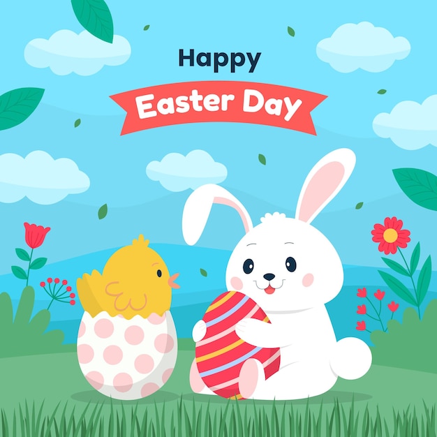 Easter day with bunny and chicken illustration