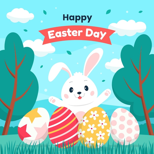 Vector easter day with rabbit and eggs illustration for social media