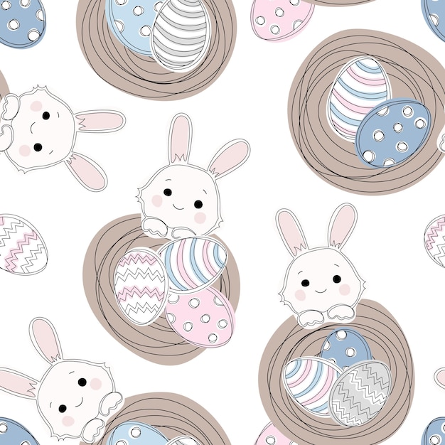 Uova decorate di pasqua in un nido con coniglietti su sfondo bianco concetto minimo di pasqua carta di pasqua felice con vista dall'alto flatlay