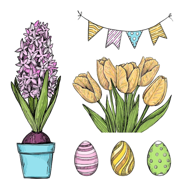 Easter design elements: eggs, garland, tulips, hyacinth