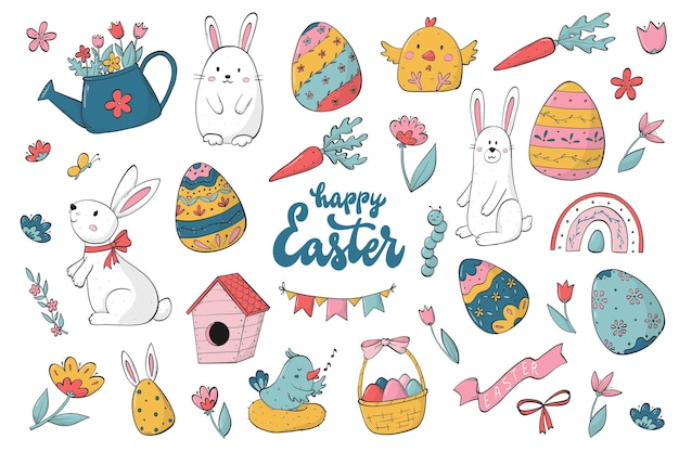 Vector easter doodles collection cartoon elements for cards stickers prints etc eps 10