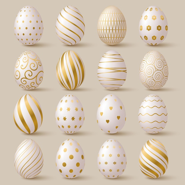 부활절 달걀 컬렉션 흰색과 금색 3d 우아한 디자인 요소