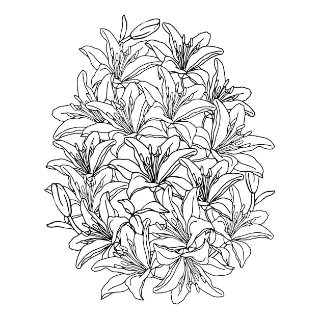 Easter egg flower background hand drawn floral elements for spring holiday Black and white line art compositions for coloring page Vector illustrations for card or invitations