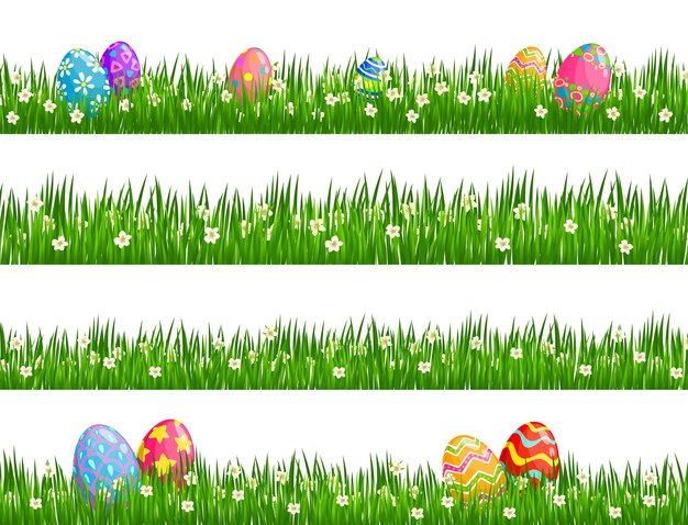 Vector easter egg hunt borders of green grass flowers