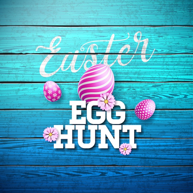 Easter Egg Hunt Illustration with Flower and Painted Egg