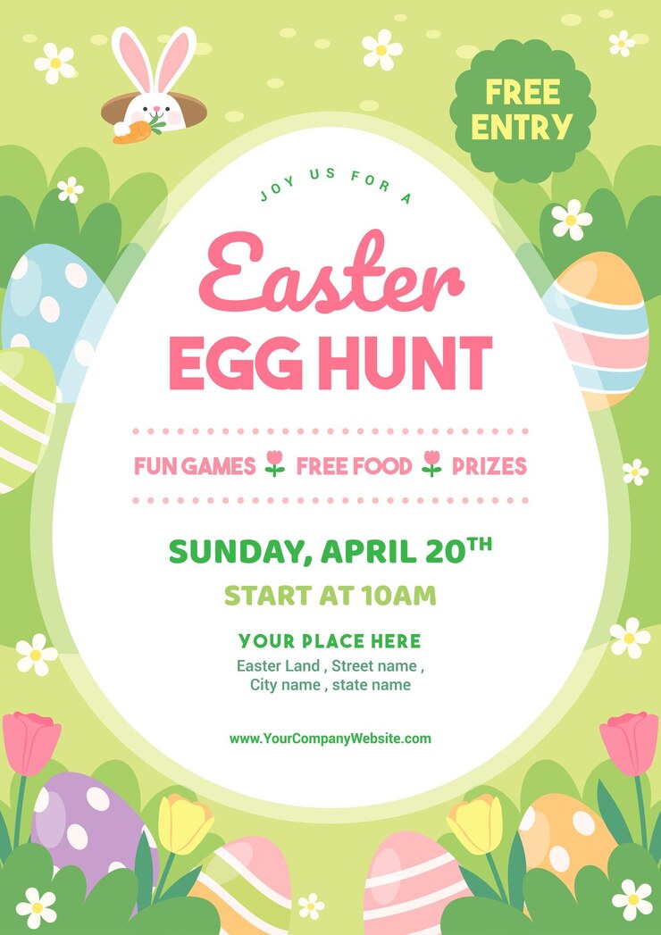 Easter egg hunt poster vector illustration Easter eggs in spring meadow and rabbit hole