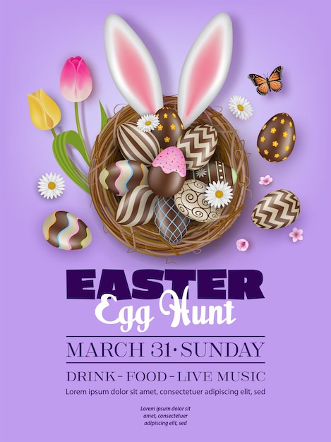 ベクトル 巣やウサギの耳にチョコレートの卵をつけたイースターエッグ狩りのポスター