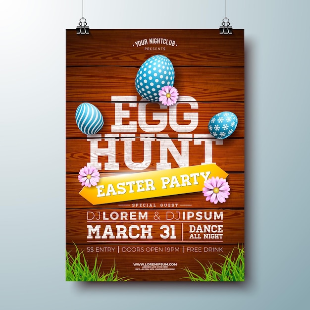 Easter Egg Hunt with painted eggs and flowers on vintage wood background Spring holiday Party Flyer