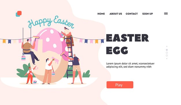 Easter Egg Landing Page Template Happy Family Prepare for Easter Celebration Tiny Parents Granny and Children