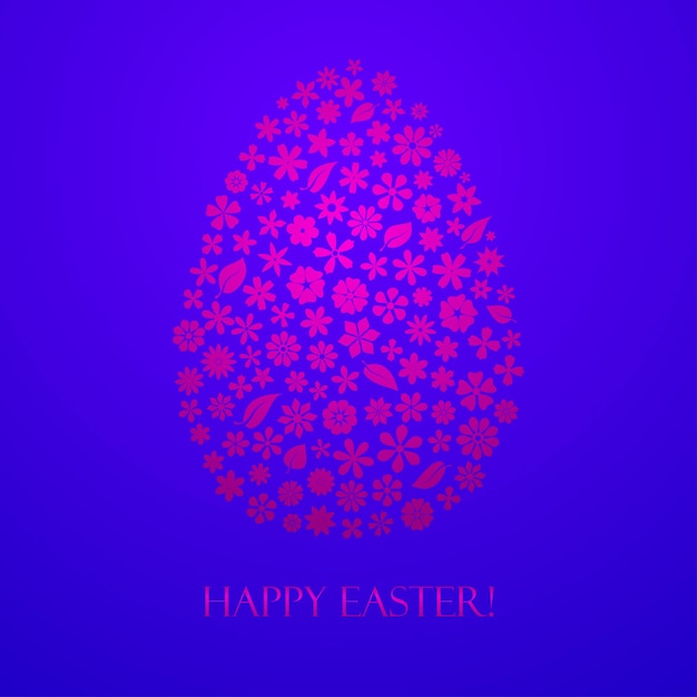 Easter Egg made up of flowers and leaves purple on blue background