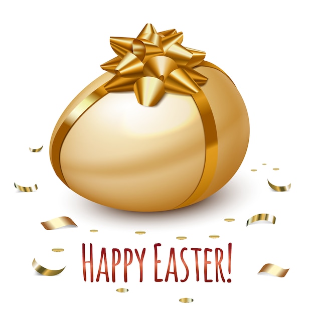 Easter egg with a beautiful bow of gold color. Happy easter. Falling Confetti.