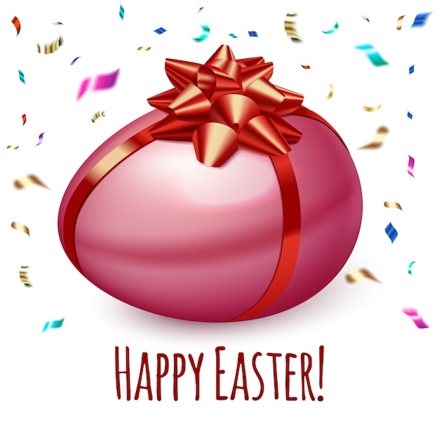 Easter egg with a beautiful bow of red color. Happy easter. Falling Confetti.