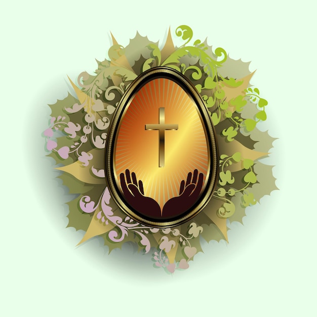 Uovo di pasqua con le mani e una croce in una cornice d'oro con una corona di foglie verdi