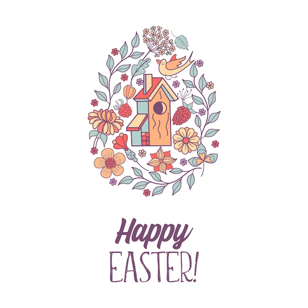 Vector easter egg with an ornament of spring flowers and a birdhouse.