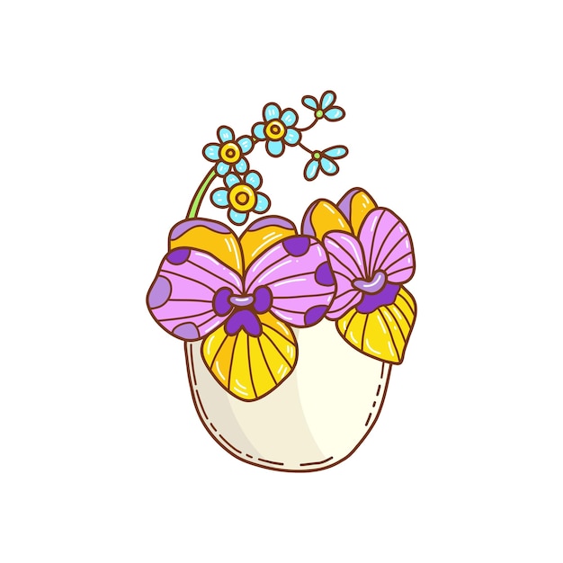 Easter egg with pansy flowers hand drawn doodle trendy easter design